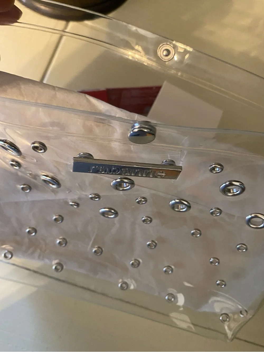 Rabanne Clear Studded Pouch with gold inner